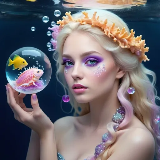 Prompt: Young lady perfile with frost artistic soft pink makeup. 
With very much diamonds on her face, long blonde hair under water 
with hair decorated with shells, yellow fish, purple jellyfish and white coral. 
with glass sphere in hand with light fucsia inside. 
Dark ocean to light blue background with layer light in the water, with bubbles.
Realistic style . cold lighting