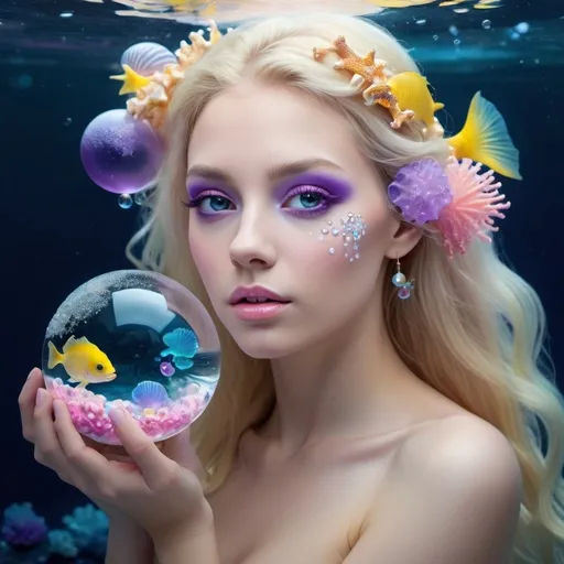 Prompt: Young lady perfile with frost artistic soft pink makeup. 
With very much diamonds on her face, long blonde hair under water 
with hair decorated with shells, yellow fish, purple jellyfish and white coral. 
with glass sphere in hand with light fucsia inside. 
Dark ocean to light blue background with layer light in the water, with bubbles.
Realistic style . cold lighting