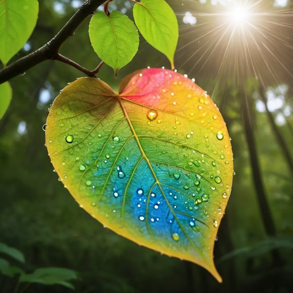 Prompt: hoja de árbol acorazada con Big gota de agua primer plano, gota brilla arcoiris y reflecta entorno, fondo de musgo desenfocado.
 con lagartija común apoyada en rama hacia la gota.
 máxima resolución y mayor tamaño posible estilo realista con zoom de lente detallados en primer plano 