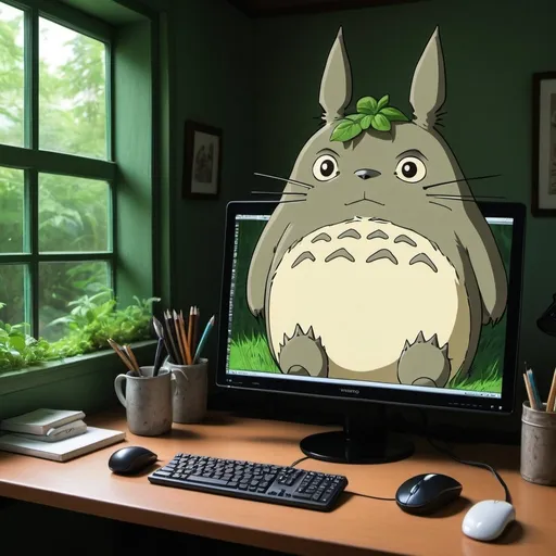 Prompt: Con el estilo de la pelicula de el niño y la garza, habitación donde la garza está en una pantalla de computador , el mouse es un periquito animado verde  y el niño escribe en el pc.
Style anime. St draw totoro. 