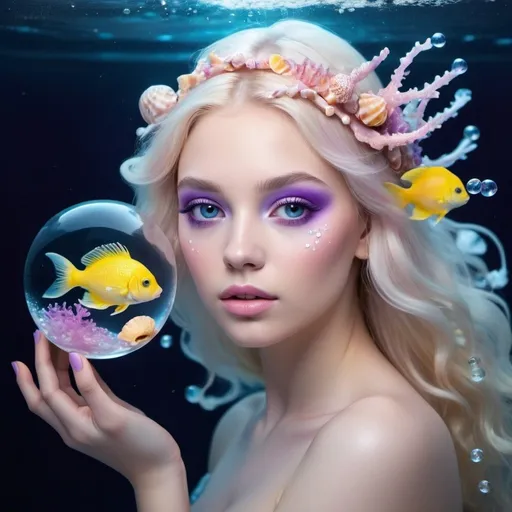 Prompt: Young lady perfile with frost artistic soft pink makeup. With diamonds on her face, long blonde hair under water 
with hair decorated with shells, yellow fish, purple jellyfish and white coral. 
with glass sphere in hand with light fucsia inside. 
Dark ocean to light blue background with layer light in the water, with bubbles.
Realistic style . cold lighting