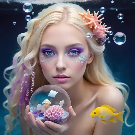 Prompt: Young lady perfile with frost artistic soft pink makeup. 
With very much diamonds on her face, long blonde hair under water 
with hair decorated with shells, yellow fish, purple jellyfish and white coral. 
with glass sphere in hand with light fucsia inside. 
Dark ocean to light blue background with layer light in the water, with bubbles.
Realistic style . cold lighting