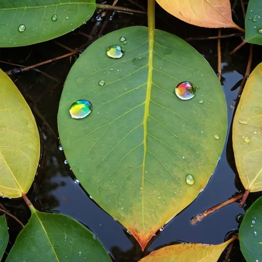 Prompt: hoja  con gota de agua  grande en primer plano, gota brilla arcoiris y reflecta entorno, fondo de musgo desenfocado.
 con lagartija común apoyada en rama que hacia la gota.
 máxima resolución y mayor tamaño posible estilo realista con zoom de lente detallados en primer plano 