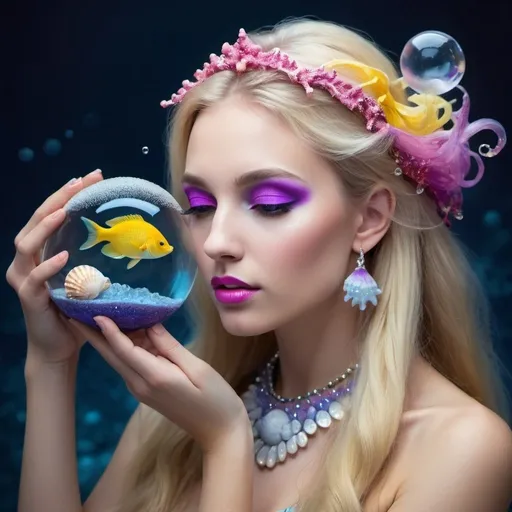 Prompt: Young lady profile with soft fuchsia frost artistic makeup. With diamonds on her face, long blonde hair. 
with hair decorated with shells, yellow fish, purple jellyfish and white coral. 
with glass sphere in hand. 
Dark to light blue background with sparkles in the water, with bubbles.
Realistic model. cold lighting