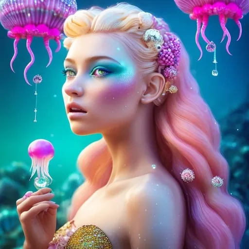 Prompt: Young lady profile with soft fuchsia frost artistic makeup. With diamonds on her face, long blonde hair. 
with hair decorated with shells, yellow fish, purple jellyfish and white coral. 
with glass sphere in hand. 
Dark to light blue background with sparkles in the water, with bubbles.
Realistic model. cold lighting