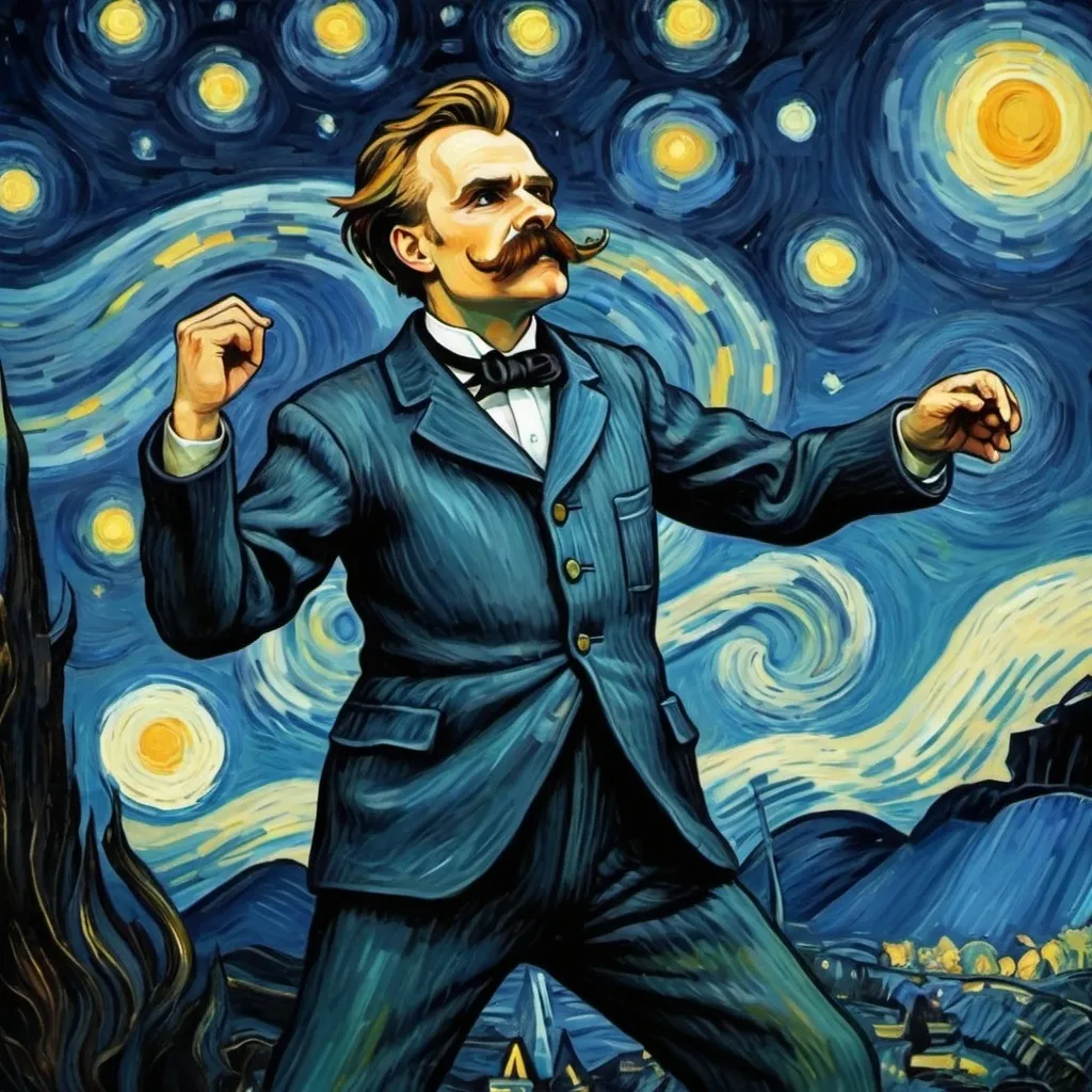 Prompt: friedrich nietzsche dancing under a starlit sky in the style of van gogh