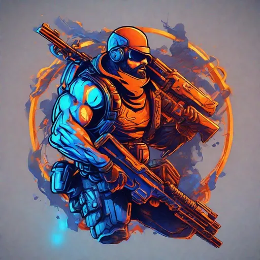 Prompt: A dynamic and modern Neon Logo symbolizing the concept of „muddizanzt“, with bold and adventurous typography, a combination of electric blue and fiery orange colors, animated neon lights forming the logo, a huge muscular dancing male, bearded soldier shooting with big machine gun, outfit battlefield 2042, wearing a skirt, white background, detailed, high quality, no background