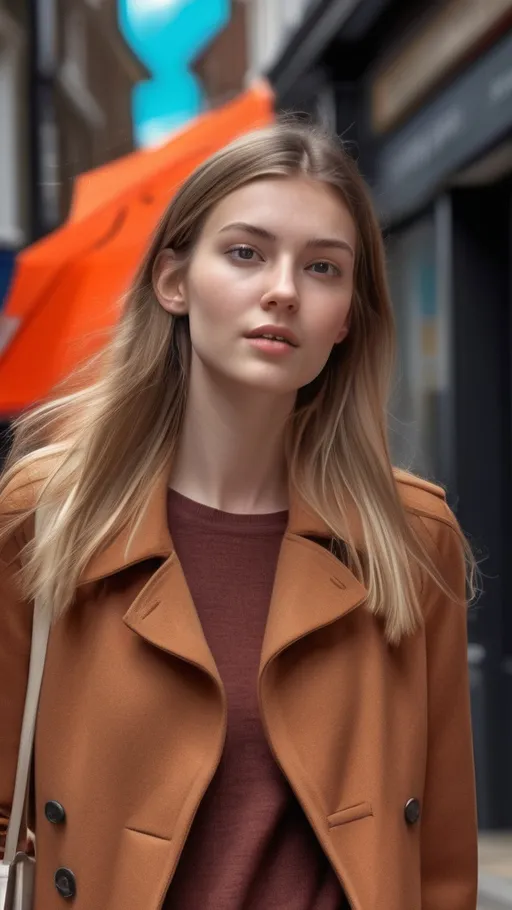 Prompt: Tall young woman walking down the high street, detailed clothing, realistic, natural lighting