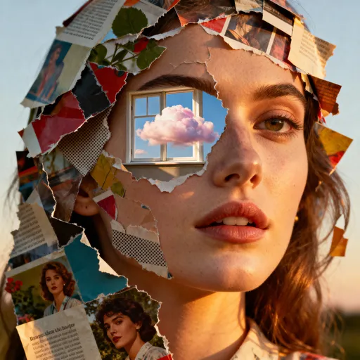 Prompt: surreal collage portrait, a woman’s face partly made of torn magazine clippings, one eye replaced by a window showing clouds, crisp cut edges with torn-paper contrast, halftone print dots, subtle film grain, handmade analog aesthetic, muted warm tones