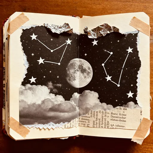 Prompt: mixed-media handmade collage of a vintage scrapbook opening to reveal an entire miniature universe — stars made from torn foil, constellations drawn with pen, moon and clouds cut from newspaper, deckled torn edges and paper tape corners, warm film lighting, tactile analog texture, surreal editorial aesthetic, hand-torn realism, nostalgic yet cosmic tone