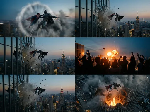 Prompt: Ultra-realistic, cinematic aerial battle between Superman and Batman high above a modern city skyline at dusk. Superman rockets through the sky leaving shockwave trails as Batman counters using advanced jet thrusters and grappling tech. The camera tracks fast FPV-style movements as they clash mid-air, fists colliding with explosive force, sending ripples through the clouds.

They crash into skyscrapers, smashing through glass and concrete, debris raining down as entire building sections collapse. Slow-motion shots of walls shattering, steel beams twisting, and windows exploding outward.

Cut to ground-level reactions: crowds watching in shock from rooftops and streets, phones raised, faces lit by fire and sparks. The fight continues building to building—Batman slams Superman through a tower, Superman recovers mid-air and hurls Batman across the skyline.

Smoke, fire, and glowing city lights below. Dramatic lighting, volumetric clouds, cinematic motion blur, epic scale, intense superhero atmosphere, realistic destruction physics, IMAX-style framing, ultra-detailed, high contrast, dark heroic tone.**