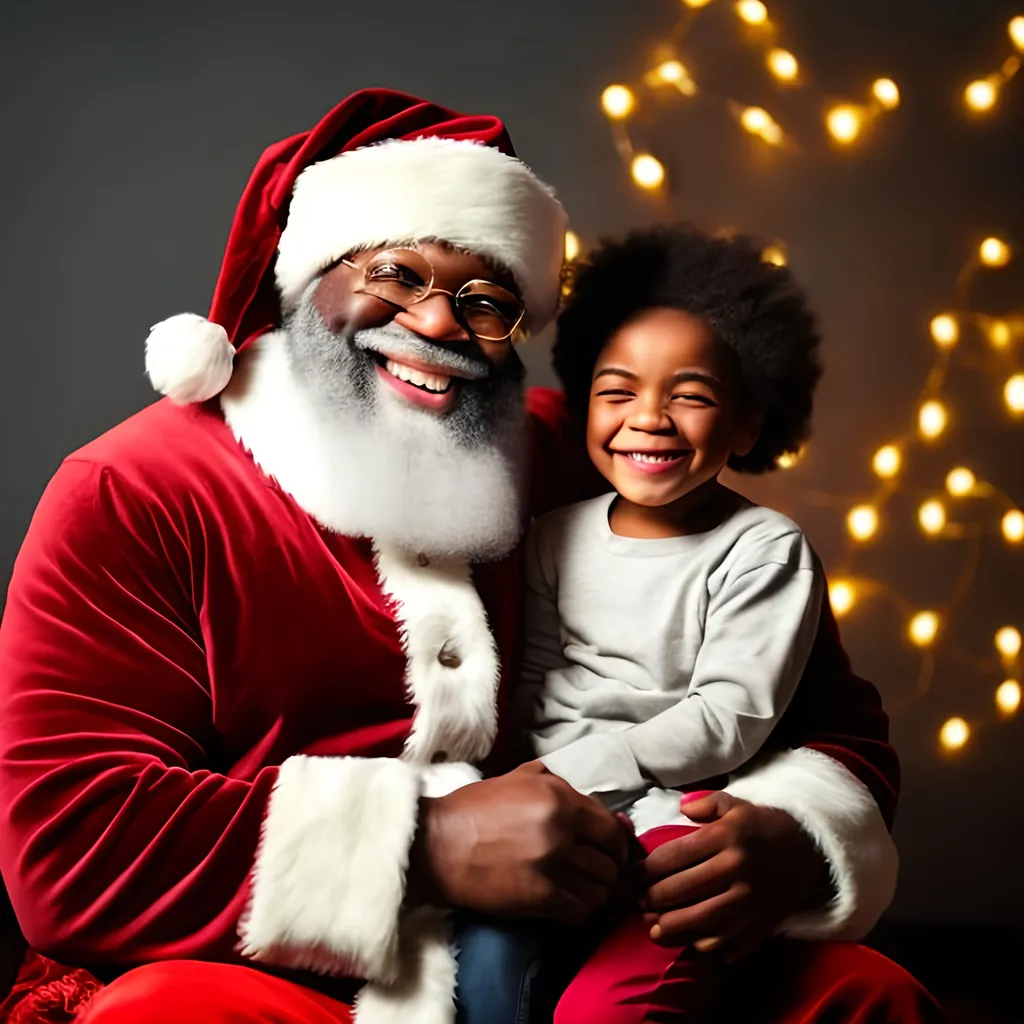 Prompt: A black Santa Claus with a child smiling on his lap