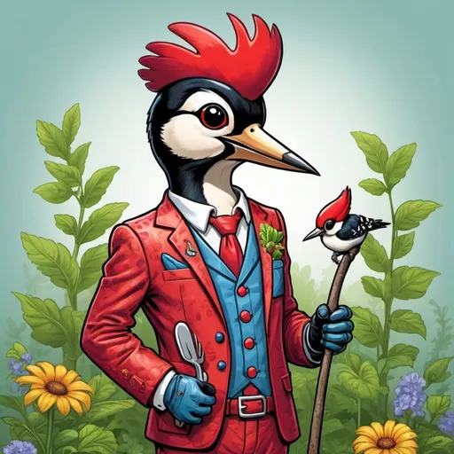 Prompt: A woodpecker in gardeneer suit, with a sovel in his hand. It will be a logo, comic style, colorful. Highly detailed, contoured.