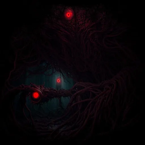 Prompt: eldritch mass of writhing void tendrils emanating from one glowing red eye, Eldritch, dark horror, Lovecraftian style, surrealism, realistic, detailed, eerie atmosphere, haunting shadows, macabre, high contrast, ominous lighting, nightmare, surreal, horror, detailed texture, creepy, nightmarish, best quality, highres, ultra-detailed, nightmare fuel, dark tones, atmospheric lighting