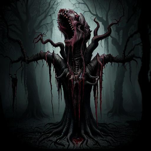 Prompt: Eldritch carnivorous human-eating tree monster, blood-dripping teeth, severed arm dangling from mouth, dark horror Lovecraftian style, surrealism, realistic, detailed roots, eerie atmosphere, haunting shadows, macabre, high contrast, ominous lighting, surreal, horror, detailed texture, creepy, nightmarish, best quality, highres, ultra-detailed, dark tones, atmospheric lighting