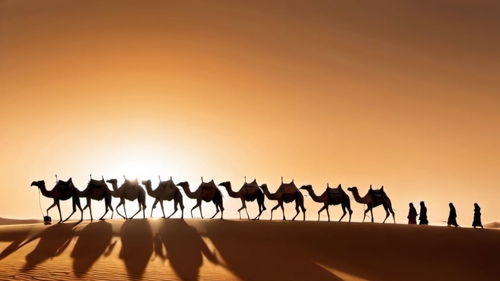 Prompt: Silhouetted desert caravan at sunset, camels, horses, people on foot, side view, warm-toned, high quality, detailed sand ripples, majestic atmosphere, desert, sunset, silhouettes, camels, horses, people, warm tones, detailed sand, majestic, atmospheric lighting, with a large number of camels.