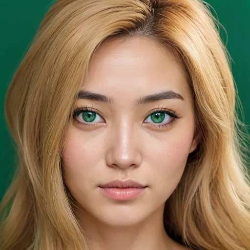 Prompt: Woman with golden blonde hair and emerald green eyes. She’s Black, Northern Italian and Korean. 