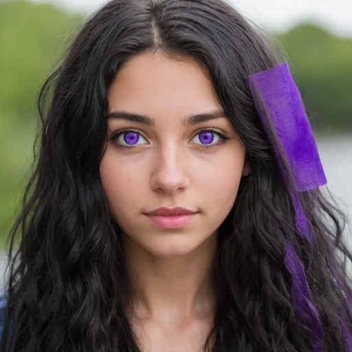Prompt: 21 year old woman with long wavy black hair and purple eyes. 