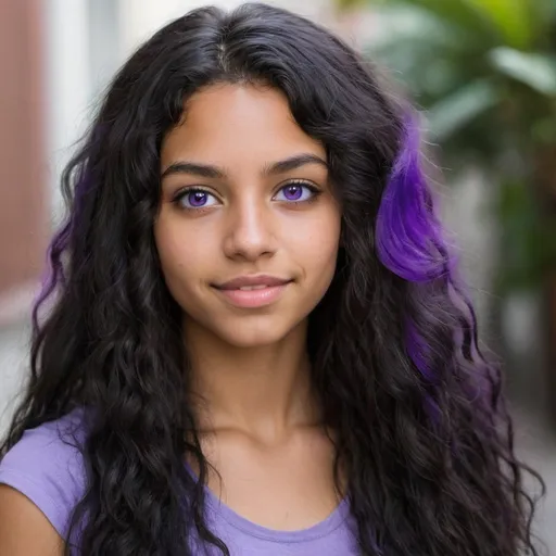 Prompt: 21 year old woman with long wavy black hair and purple eyes. She’s half Brazilian, half Spaniard. 