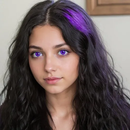 Prompt: 21 year old woman with long wavy black hair and purple eyes. 