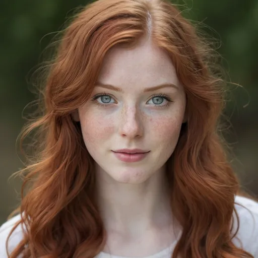 Prompt: 21-year-old woman with long, wavy red
 hair with side swept bangs and glowing silver eyes. She has pale skin, freckles and dimples. 