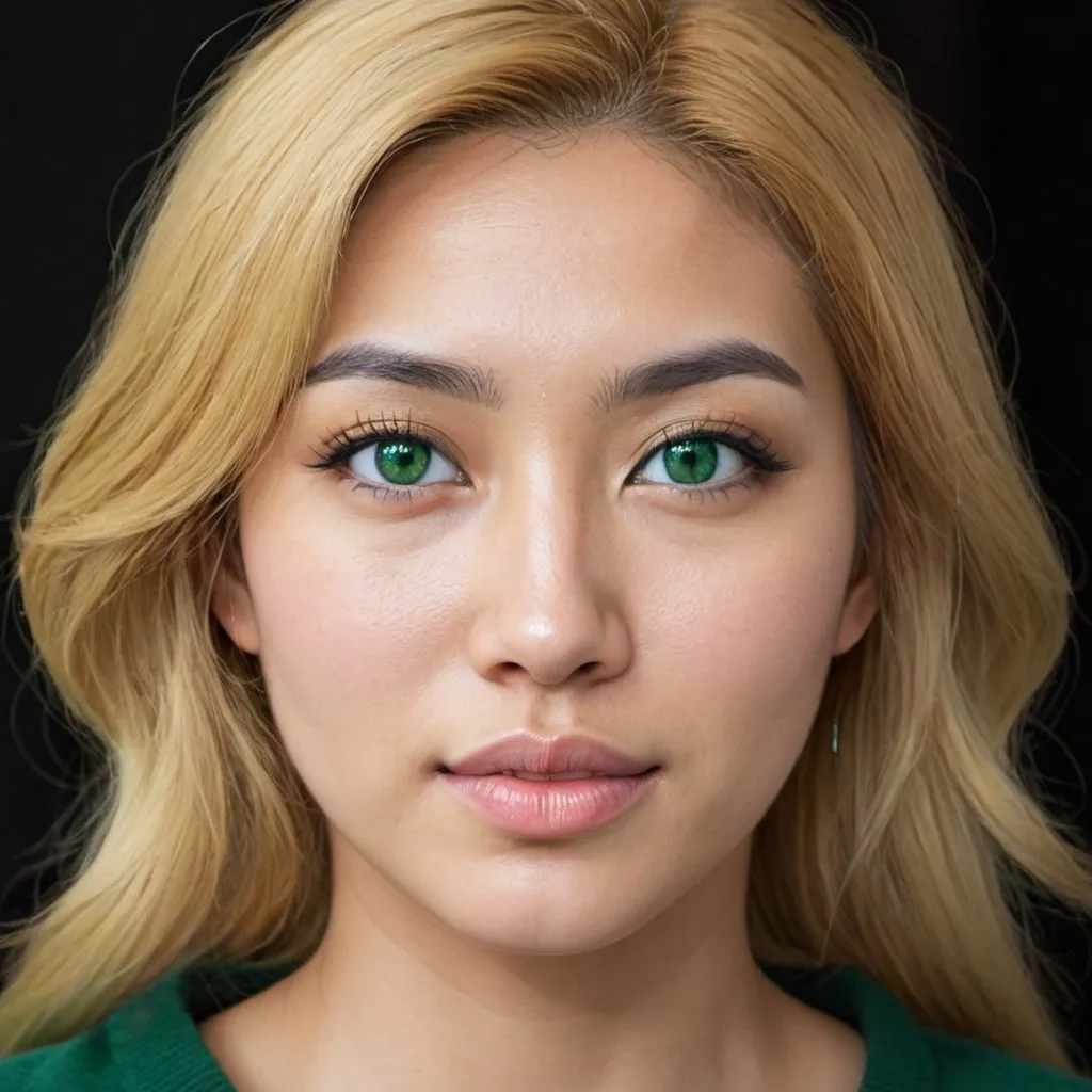 Prompt: Woman with golden blonde hair and emerald green eyes. She’s Black, Northern Italian and Korean. 