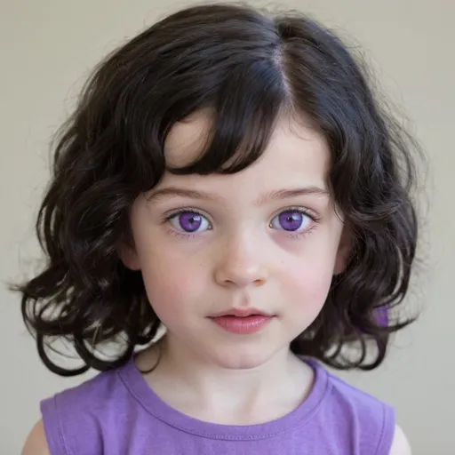 Prompt: Little girl with short wavy black hair and purple eyes. She has pale skin. She’s half Brazilian, half Spanish 