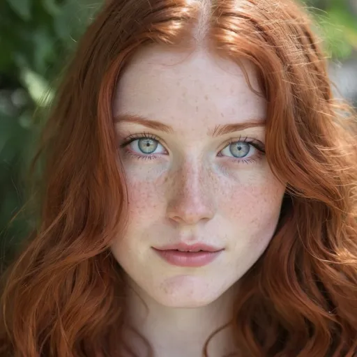 Prompt: 21-year-old woman with long, wavy red
 hair with side swept bangs and glowing silver eyes. She has pale skin, freckles and dimples. 