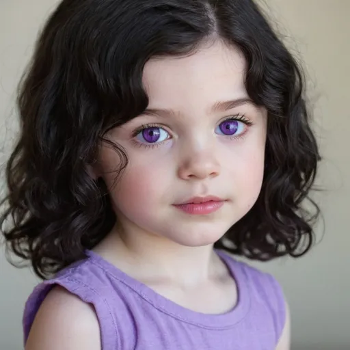 Prompt: Little girl with short wavy black hair and purple eyes. She has pale skin. She’s half Brazilian, half Spanish 