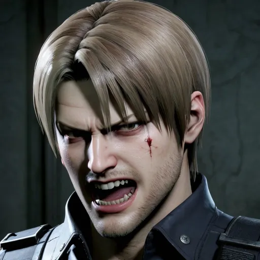 Prompt: Vampire Leon S. Kennedy from Resident Evil Vendetta. He’s showing his fangs. 