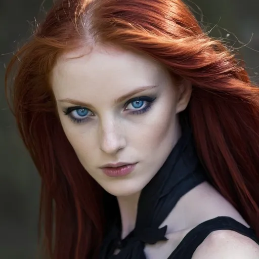 Prompt: Shadowmancer woman. She has red hair and Midnight blue eyes. 