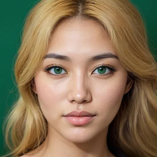 Prompt: Woman with golden blonde hair and emerald green eyes. She’s Black, Northern Italian and Korean. 