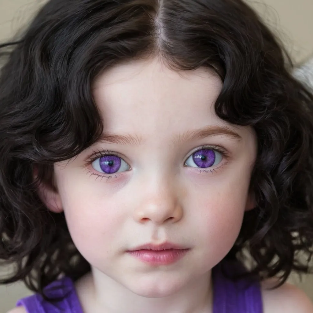 Prompt: Little girl with short wavy black hair and purple eyes. She has pale skin. 