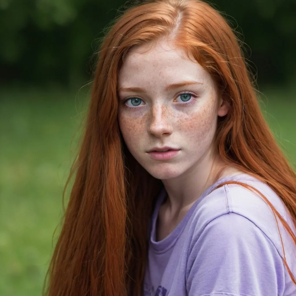 Prompt: 17 year old woman with long red hair and purple eyes. She has freckles