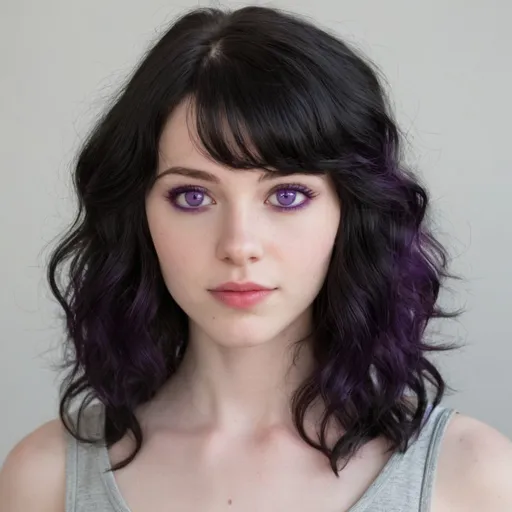 Prompt: 21-year-old woman with mid back length wavy black hair with side swept bangs and purple eyes that turn red.  She has pale skin. She’s half Brazilian, half Spanish 