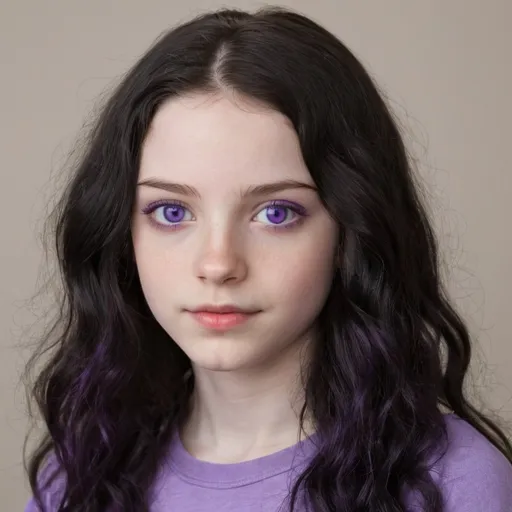 Prompt: 17-year-old woman with mid back length wavy black hair and purple eyes. She has pale skin. She’s half Brazilian, half Spanish 