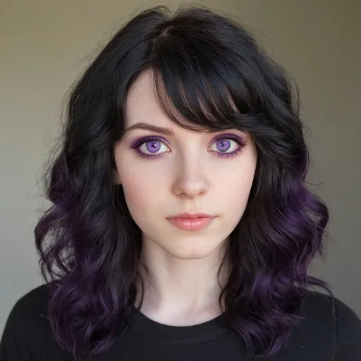 Prompt: 21-year-old woman with mid back length wavy black hair with side swept bangs and purple eyes that turn red.  She has pale skin. She’s half Brazilian, half Spanish 