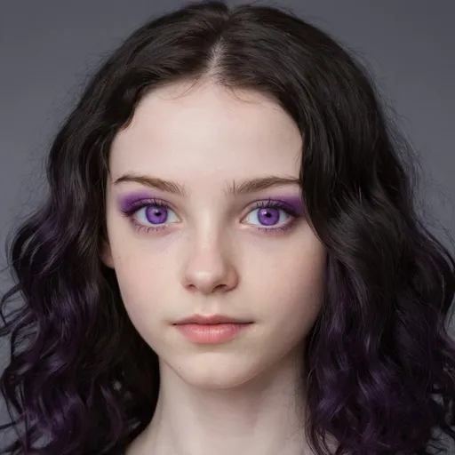Prompt: 17-year-old woman with mid back length wavy black hair and purple eyes. She has pale skin. She’s half Brazilian, half Spanish 
