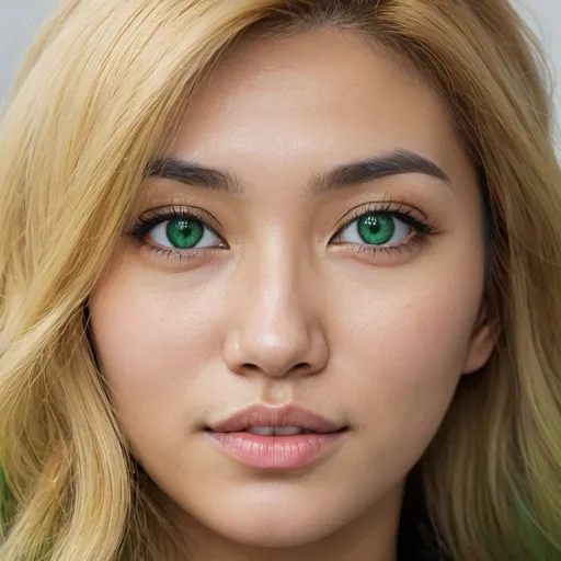 Prompt: Woman with golden blonde hair and emerald green eyes. She’s Black, Northern Italian and Korean. 