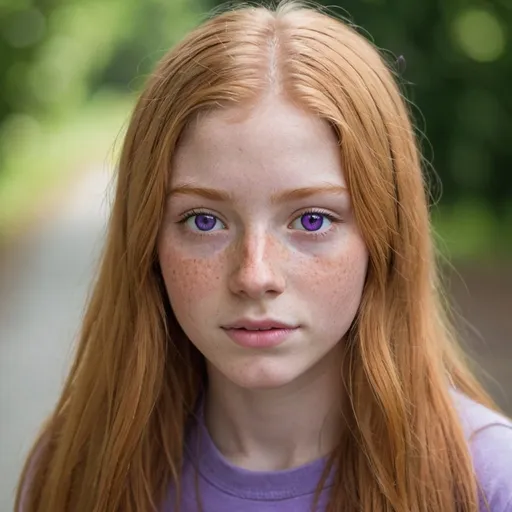 Prompt: 17 year old woman with long strawberry blonde hair and purple eyes. She has freckles