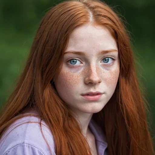 Prompt: 17 year old woman with long red hair and purple eyes. She has freckles