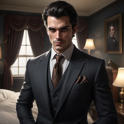 Prompt: Realistic, charming, deadly, smart monster in perfectly tailored suits, whiskey eyes, dark hair, 1 meter 85, gentlemanly appearance, fancy bedroom, high quality, realistic style, gentlemanly attire, detailed facial features, sophisticated, intense gaze, atmospheric lighting, professional, highres, detailed design