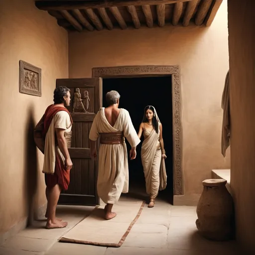 Prompt: The picture of a man entering the room of a man with his wife in ancient times
