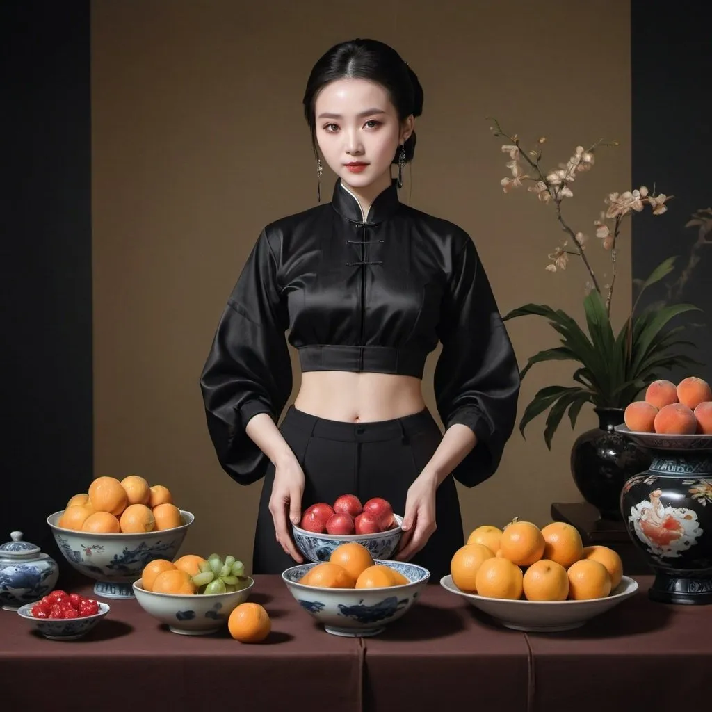 Prompt: a woman in a black outfit standing in front of a bowl of fruit and a bowl of fruit on a table, Du Qiong, aestheticism, official art, a character portrait