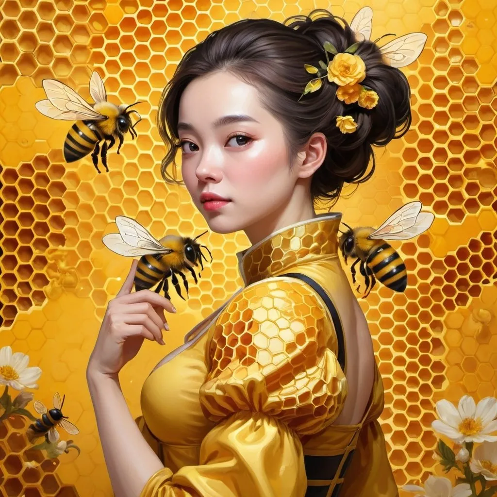 Prompt: a woman with a bee on her shoulder and a bee on her shoulder, in front of a honeycomb background, Fan Qi, rococo, yellow, digital art