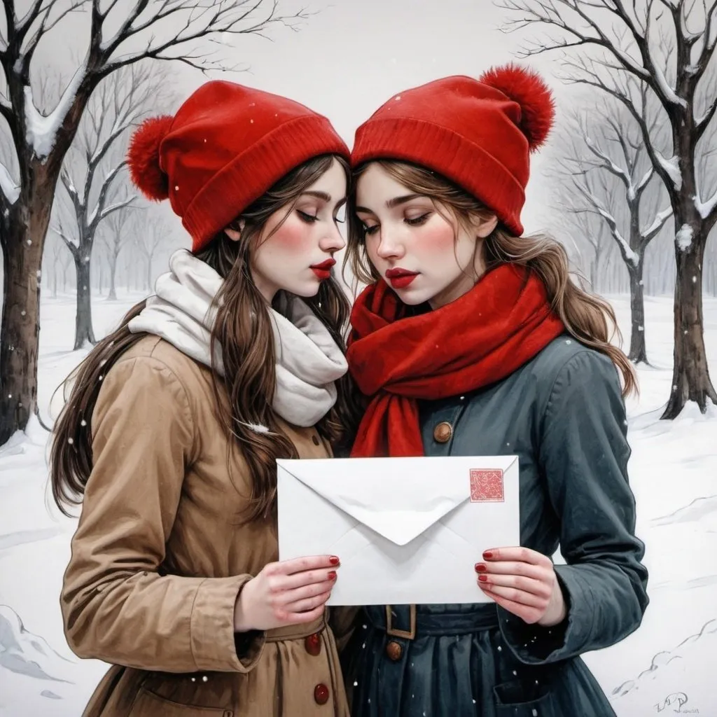 Prompt: two girl standing in the snow with a envelope in their hands and a red hat on their head,, Bálint Kiss, neo-romanticism, snow, a detailed drawing