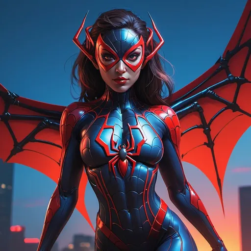 Prompt: Spider woman with wings and a spider suit on, in the dark with a red light behind her and a blue sky, Artgerm, fantasy art, overwatch, cyberpunk art