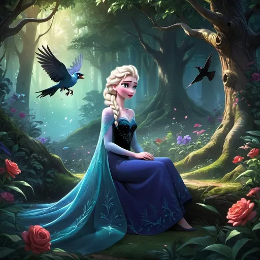 Prompt: Elsa sitting in a forest with flowers and a tree in the background, with a bird flying by, disney, gothic art, rossdraws global illumination, an airbrush painting