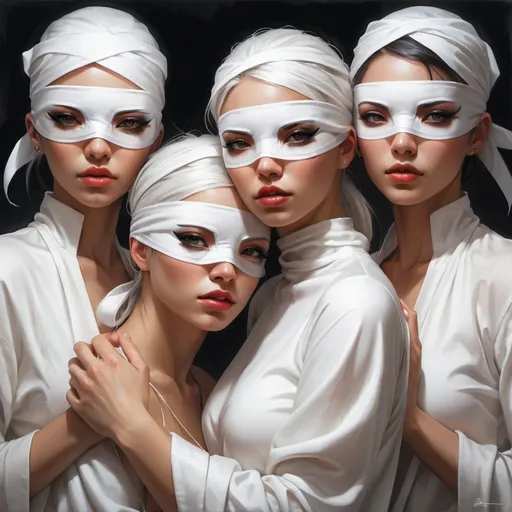 Prompt: three women with blindfolds on their faces and hands around their heads, all wrapped in white fabric, Artgerm, fantasy art, stanley artgerm lau, cyberpunk art