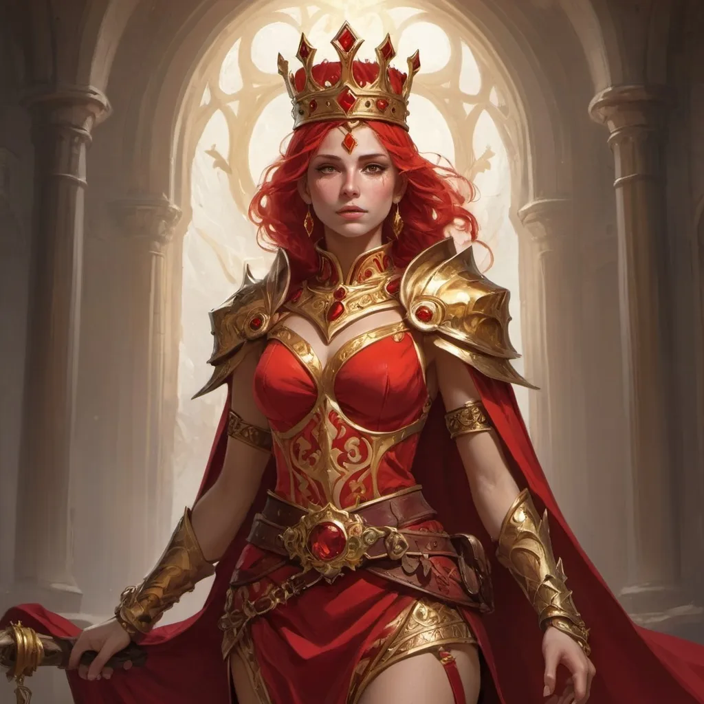 Prompt: a woman in a red and gold costume with a crown on her head and a red and gold belt, Andor Basch, fantasy art, official art, concept art